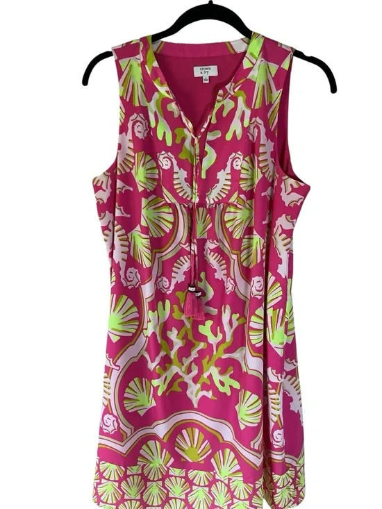 Crown & Ivy Pink Lime Seaside Seahorse Seashell Summer Sleeveless Dress sz 8 - Picture 5 of 11